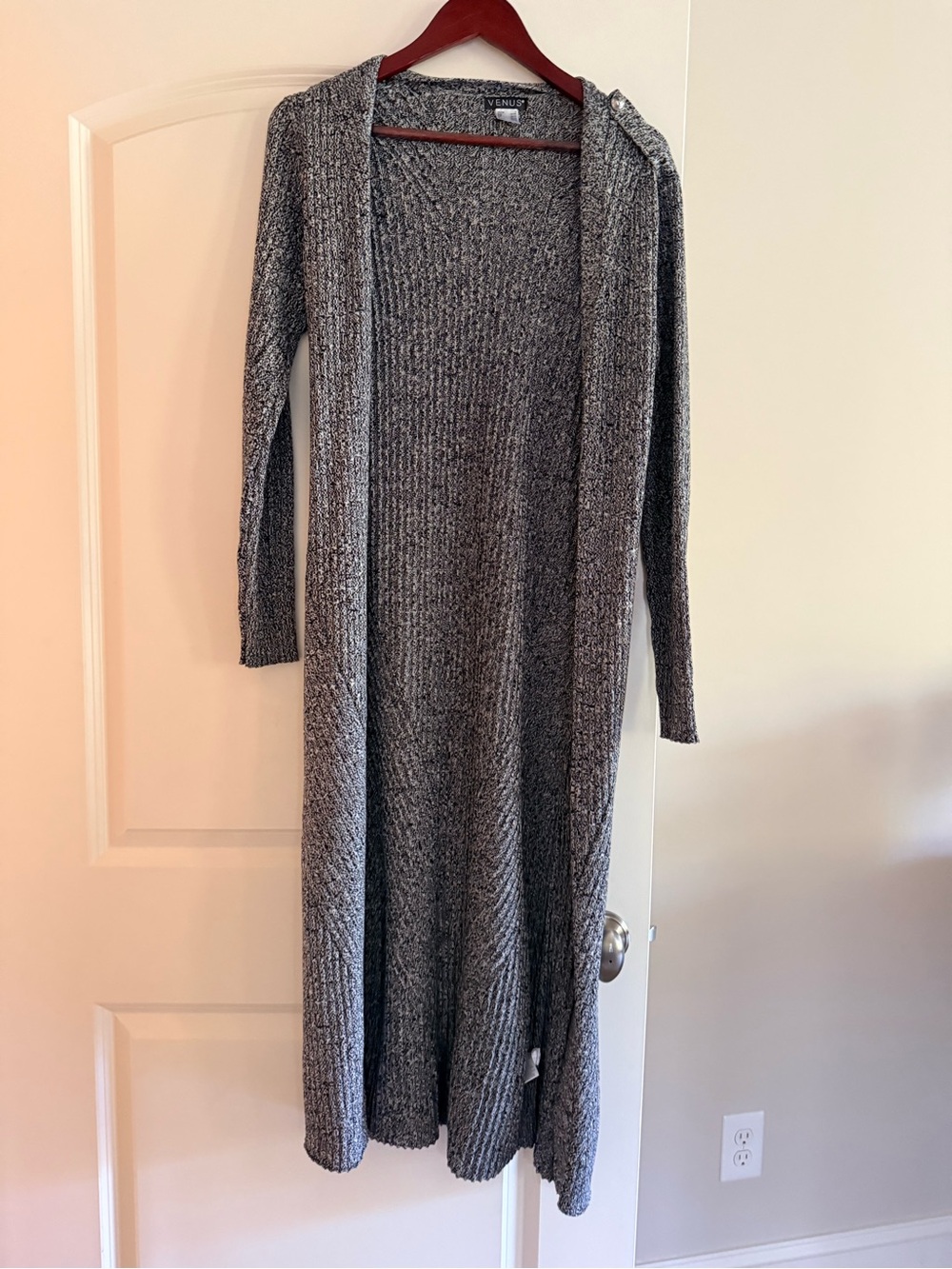 VENUS Long Open-Front Marled Gray Ribbed Cardigan